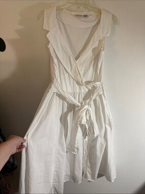 White Sleeveless Wrap cotton Dress with Tie Waist